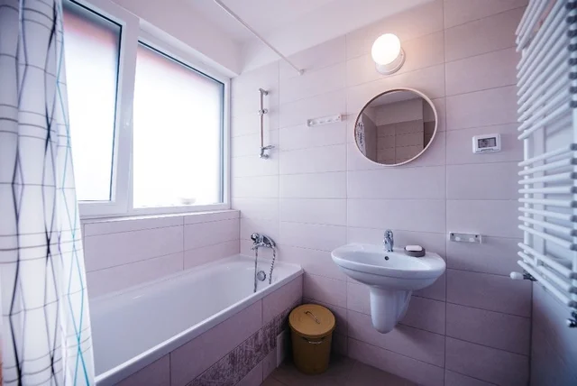 IRIS 12 — bathroom with bathtub, pedestal sink, and round mirror